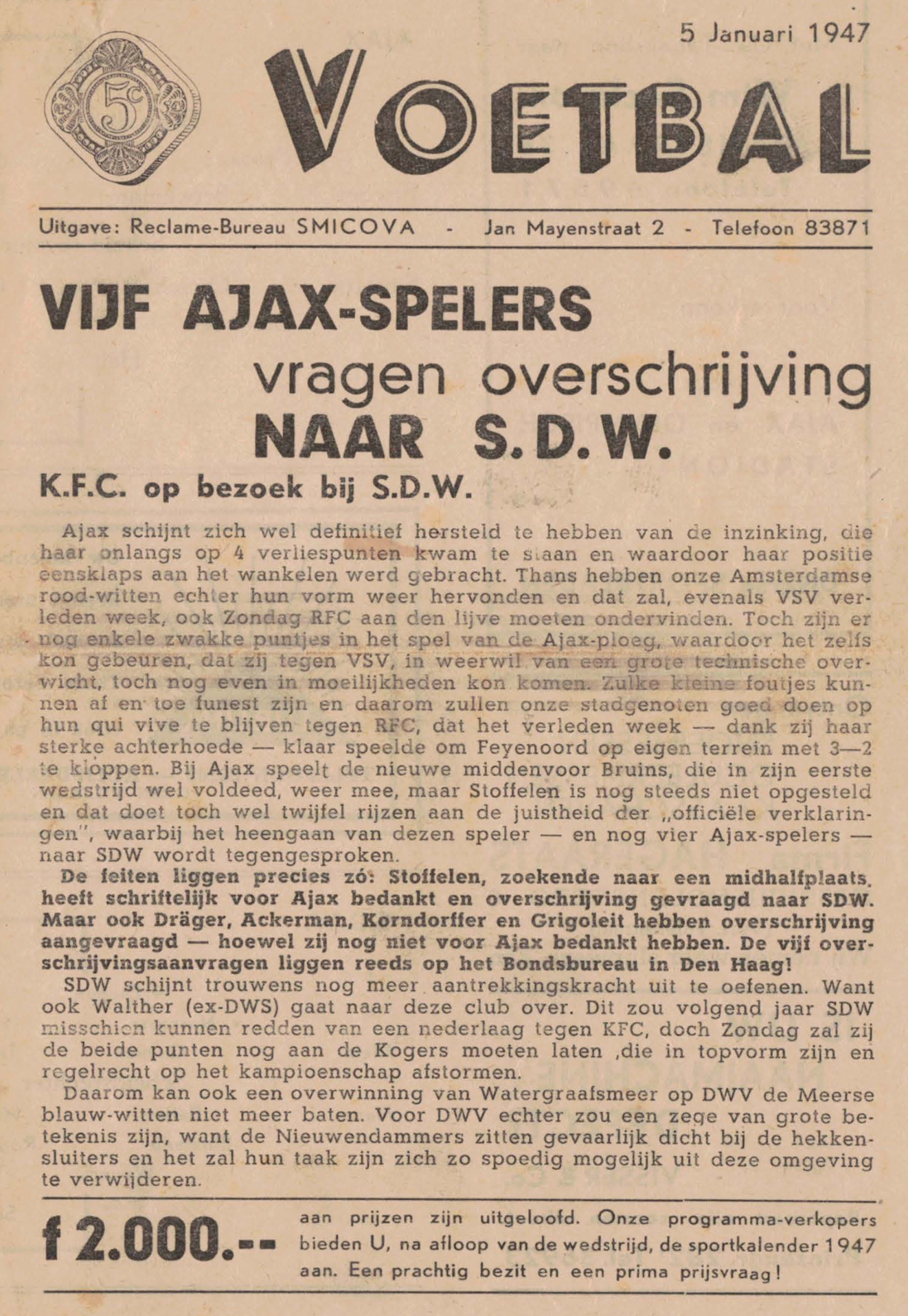 5 Ajax-spelers vragen overschrijving naar SDW in 1947